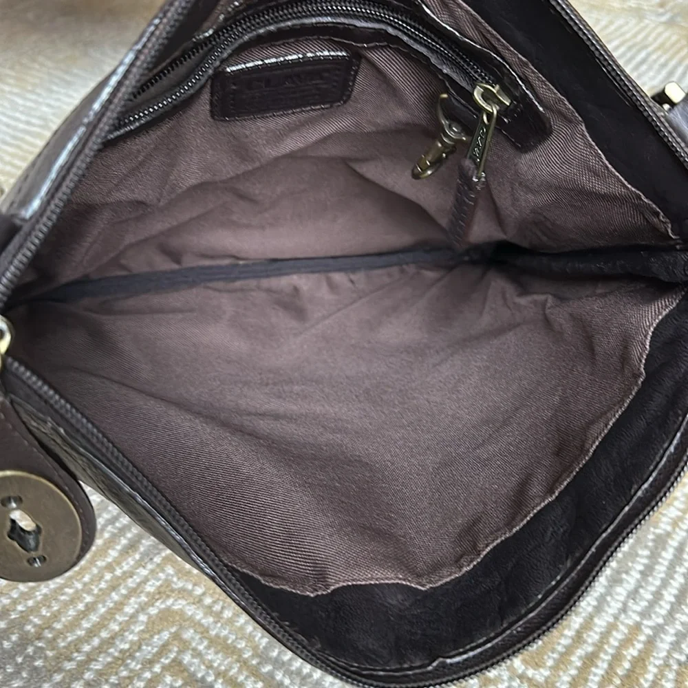 CLAVA chocolate brown leather turn lock crossbody bag